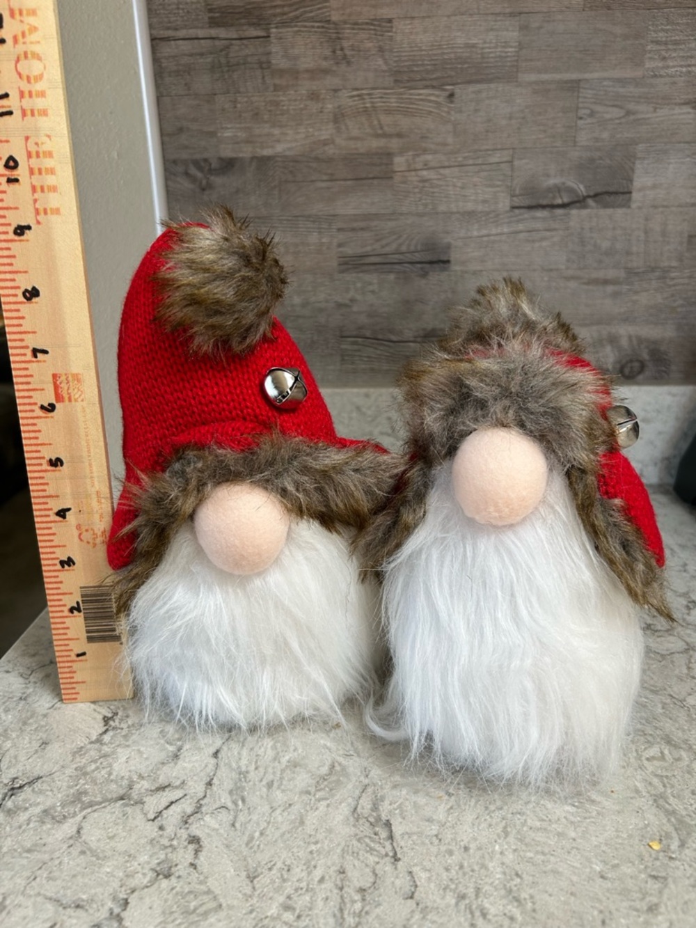 Set of Red Holiday Gnome Plush Duo with Faux Fur Hats and bells